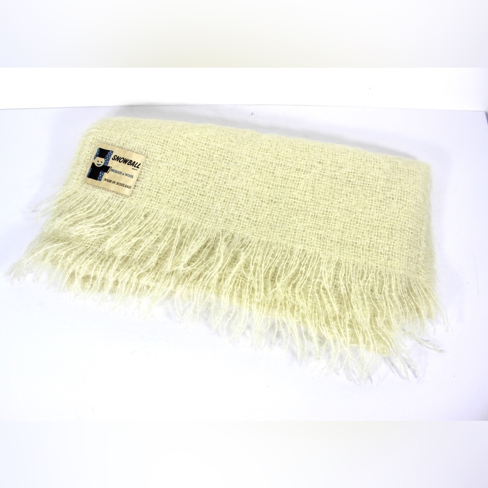 Vintage Ivory Cream Mohair Wool Scarf, Made in Scotland, Fluffy Woman’s Fringes